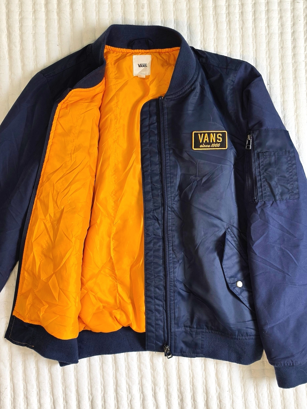 Vans Varsity Club Bomber Jacket Navy Blue Orange Lining XS Like New
